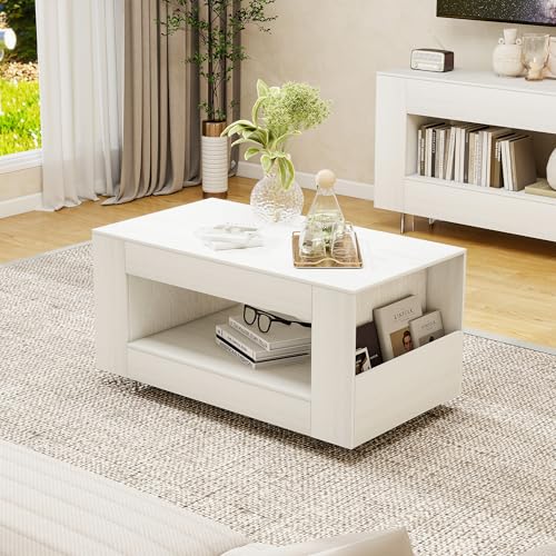 39" Coffee Table with Sides Storage & Transparent Legs, White Wood Grain | Minimalist modern 2-tier small center table with sides storage and transparent legs, for living room, home office - color: White Woodgrain, size: 39.37"L*21.65"W*19.69"H