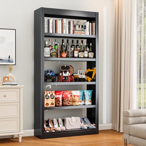 OSEILLC 5-Tier Black Bookshelf,6 Storage Space Bookshelves,Metal Bookshelves with Adjustable Shelves,Easy-to-Assemble Heavy-Duty Bookshelf for Home Office Library (Black) - color: Black, size: 61"H x 27.5"W