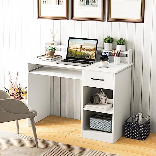 GOFLAME White Computer Desk, Home Office Desk with Large Drawers, Hutch, Keyboard Tray, 5-Position Adjustable Open Shelves, Easy Assembly, Writing Desk for Bedroom, Small Space, Living Room, White - color: White