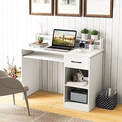 GOFLAME White Computer Desk, Home Office Desk with Large Drawers, Hutch, Keyboard Tray, 5-Position Adjustable Open Shelves, Easy Assembly, Writing Desk for Bedroom, Small Space, Living Room, White - color: White