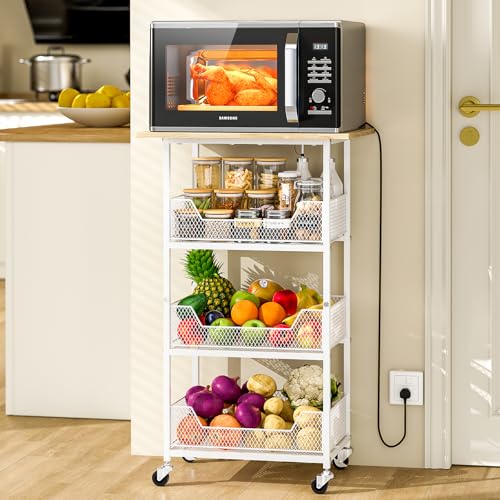 ThreeHio Rolling Kitchen Microwave Cart with Fruit Baskets, 4 Tier Microwave Table Stand with Storage, Kitchen Storge Shelf on Wheels Small Rolling Cart Organizer Rack for Pantry, Living Room - color: White