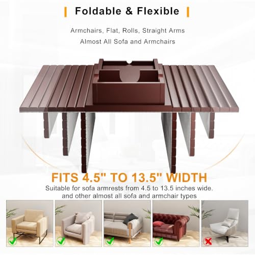 Bestjing Bamboo Couch Armrest Table, Sofa Arm Tray with Detachable Couch Cup Holder- 2 in 1 Anti-Slip Foldable Sofa Armchair Caddy Table for Drinks Cellphone TV Remote Snacks (Walnut)