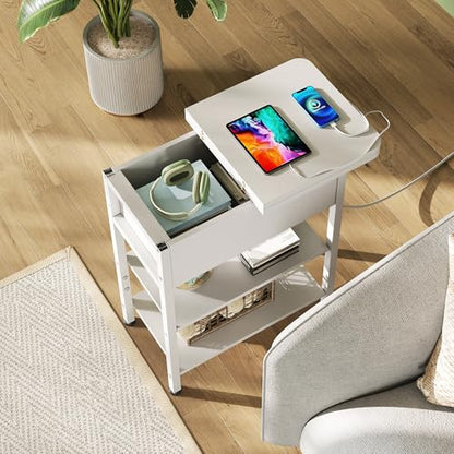 WLIVE 3-Tier End Table with Charging Station, Flip Top Side Table with Storage Shelf, Sofa Couch Table with USB Ports and Outlets, Narrow Bedside Table for Living Room, Bedroom - color: White