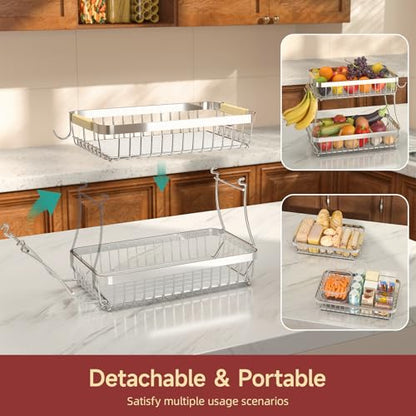 Sevenblue 2-Tier Fruit Basket with Banana Hangers, Detachable Metal Bowl | Wooden handle, protective mats included. Versatile holder for bread, snacks, and veggies. Large 2 tier metal design. - color: Silver, size: 2 Tier