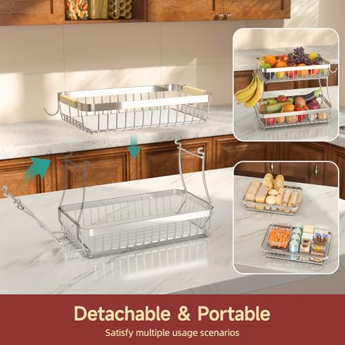 Sevenblue 2-Tier Fruit Basket with Banana Hangers, Detachable Metal Bowl | Wooden handle, protective mats included. Versatile holder for bread, snacks, and veggies. Extra Large 2 tier metal design. - color: Silver, size: 2 Tier Extra Large