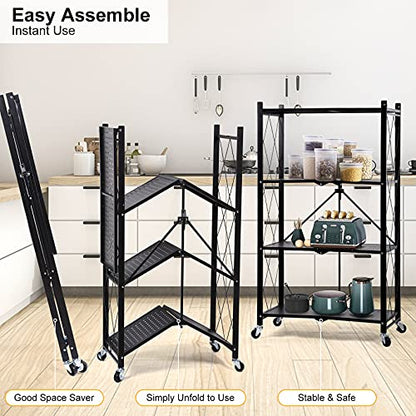 4-Tier Heavy Duty Foldable Metal Rack Storage Shelving Unit with Wheels Moving Easily Organizer Shelves Great for Garage Kitchen, Black - size: 4-Tier