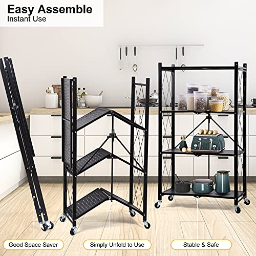 4-Tier Heavy Duty Foldable Metal Rack Storage Shelving Unit with Wheels Moving Easily Organizer Shelves Great for Garage Kitchen, Black - size: 4-Tier