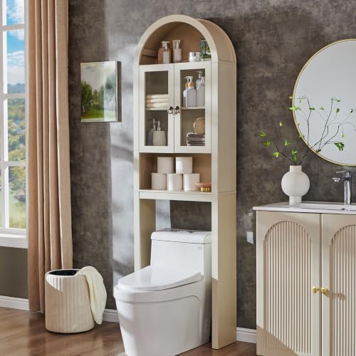 IFGET Arched Over The Toilet Storage Cabinet with Acrylic Doors, Modern Over Toilet Bathroom Organizer Shelf, Small Wooden Bathroom Storage Cabinet with Adjustable Shelf, Space Saver, Cream - color: Cream