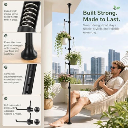 Coat Rack Freestanding, 56 to 125 inch Adjustable Tension Rod Hanger with 12 Hooks for Hanging Coat, Plant,Jacket, Hat, Scarf, Suitable for Living Room, Balcony, Kitchen Black - color: Black