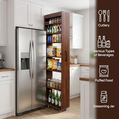 7-Tier Slim Mobile Shelving Cart with Wheels, Rolling Pantry with 7 Racks, Narrow Pull-Out Utility Cart, Space Saving Storage Organizer Carts for Kitchen Living Room Bathroom Narrow Spaces, Walnut - size: Walnut & 7.87"D x 17.72"W x 70.87"H