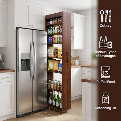 7-Tier Slim Mobile Shelving Cart with Wheels, Rolling Pantry with 7 Racks, Narrow Pull-Out Utility Cart, Space Saving Storage Organizer Carts for Kitchen Living Room Bathroom Narrow Spaces, Walnut - size: Walnut & 7.87"D x 17.72"W x 70.87"H