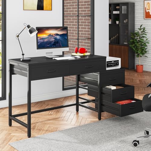 Tribesigns Computer Desk with 5 Drawers, Home Office Desks with Reversible Drawer Cabinet Printer Stand, Industrial PC Desk with Storage, Rustic Study Writing Table Workstation for Small Spaces, Black - color: Black