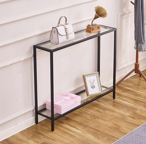 MAJARO Small Modern Console Table for Entryway, Tempered Glass with Metal Frame Sofa Table for Living Room, Hallway, Office (Double-Layer, Black) - color: Black, style: Double-layer