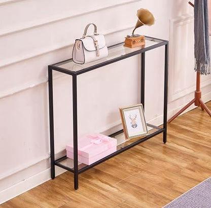 MAJARO Small Modern Console Table for Entryway, Tempered Glass with Metal Frame Sofa Table for Living Room, Hallway, Office (Double-Layer, Black) - color: Black, style: Double-layer