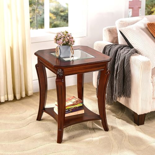 Solid Wood Side Table with Storage Shelf, 2-Tier Square End Tables Living Room, Traditional Style End Table, Vintage Beside Table with Curved Legs and Glass Tabletop, Cherry Walnut Accent Table GT - size: 23.8" Glass End Table
