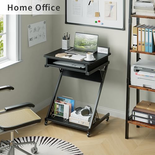 ALISENED Computer Desk for Small Spaces,23.6" Z-Shaped Compact Study Table with Smooth Keyboard Tray,with Wheels and Bottom Shelves for Home Office，Computer Cart Mobile Laptop Cart - color: Black