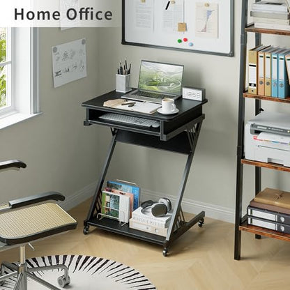 ALISENED Computer Desk for Small Spaces,23.6" Z-Shaped Compact Study Table with Smooth Keyboard Tray,with Wheels and Bottom Shelves for Home Office，Computer Cart Mobile Laptop Cart - color: Black