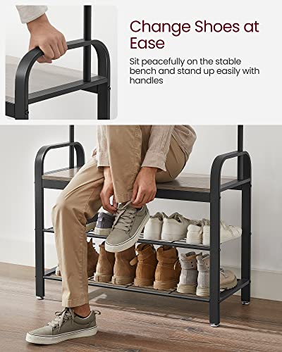 VASAGLE Coat Rack, Hall Tree with Shoe Bench for Entryway, Entryway Bench with Coat Rack, 4-in-1, with 9 Removable Hooks, a Hanging Rod, 13.3 x 33.1 x 72.1 Inches, Greige and Black UHSR400B02 - color: Greige + Black, size: 33.1"W