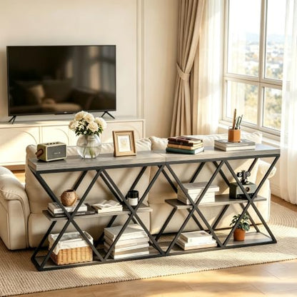 Garvee 3 Tier Console Table,39" Industrial Entryway Table,Open Wood Shelves | Sofa Table,Narrow Wood Accent Tables with Metal Frame for Hallway,Living Room,Behind Couch,Foyer,Entrance,Gray - color: Gray + X-shaped