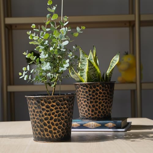 6in Metal Copper Planter Set of 2, Hammered Plant Pots 6" H×7" W, Built-in Tray & Inner Pots, Use as Vase/Candle Holder/Christmas Decor, Includes Pebbles, for Indoor/Outdoor Plants
