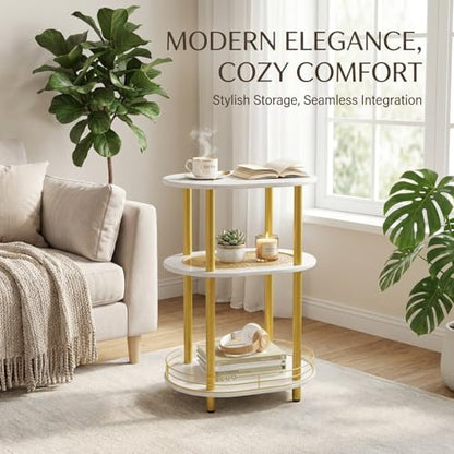 Small Rattan Side/Accent Table with Storage, 3 Tier Round/Oval End Table with Rattan Shelf & Metal Basket, Boho Nightstand, Tool Free Assembly/Screw-Hole Free Tabletop-Living Room Bedroom-Black - color: White-rattan, size: 1PC
