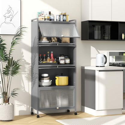 5-Tier Kitchen Storage Cabinet, Mobile Microwave Stand with Metal Frame, 4 Lockable Casters & Flip-up PC Doors, Freestanding Bakers Rack for Kitchen, Dining Room, Living Room (Grey) - color: Grey