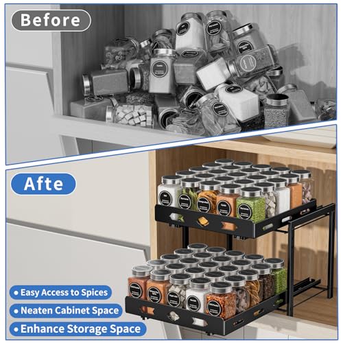 Pull Out Spice Rack Organizer for Cabinet, 2 Tier Cabinet Spice Rack Organizer, Height Adjustable Vertical Spice Rack for Cabinet, Kitchen, Pantry, Cupboard (11.9''Wx10.8''Dx9.2''H, Metal Black) - size: 11.9''Wx10.8''Dx9.2''H,2 Tier