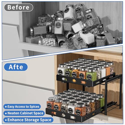 Pull Out Spice Rack Organizer for Cabinet, 2 Tier Cabinet Spice Rack Organizer, Height Adjustable Vertical Spice Rack for Cabinet, Kitchen, Pantry, Cupboard (11.9''Wx10.8''Dx9.2''H, Metal Black) - size: 11.9''Wx10.8''Dx9.2''H,2 Tier