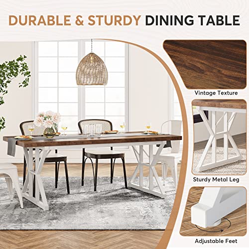 Tribesigns Farmhouse Dining Table for 6 People, 70.8-Inch Rectangular Wood Dining Table, Rustic Kitchen Table with Heavy Duty Metal Legs for Dining Room (Brown/White) - color: Brown/White