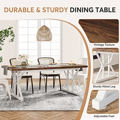 Tribesigns Farmhouse Dining Table for 6 People, 70.8-Inch Rectangular Wood Dining Table, Rustic Kitchen Table with Heavy Duty Metal Legs for Dining Room (Brown/White) - color: Brown/White