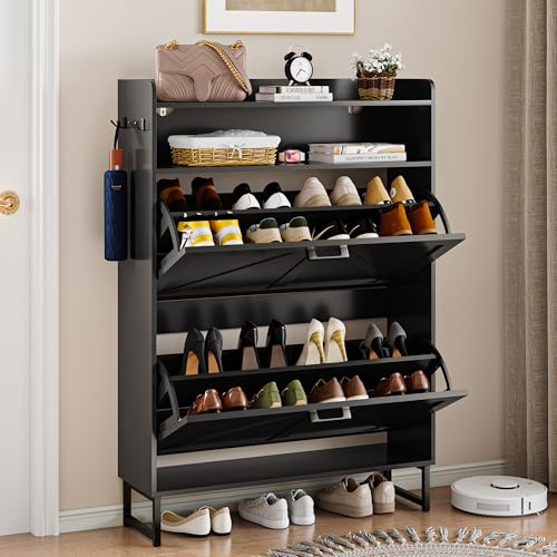Wodeer Shoe Storage Cabinet with 2 Flip Drawers, Narrow Wood Shoe Cabinet Storage for Entryway with Metal Legs & Hooks, Adjustable Shelves, Freestanding Shoe Rack Organizer for Foyer, Hallway, Black - color: Black, style: 2 Drawers