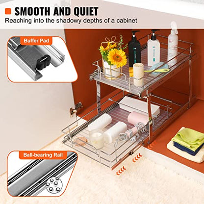 VEVOR Pull Out Cabinet Organizer, 14" Wx21.2 Dx15.2 H Heavy 2 Tier Duty Slide Out Pantry Shelves, Chrome-Plated Steel Roll Out Drawer for Under Sink, 15.5" Wx22.5 Dx19 H Install Size for Cabinet - size: 14"Wx21.2"Dx15.2"H
