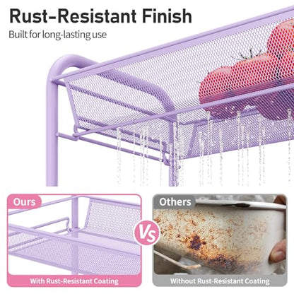 TOOLF 4-Tier Rolling Cart, Metal Utility Cart with 3 Hooks, Easy Assemble Mobile Storage Trolley On Wheels, Metal Shelving Units Kitchen Bathroom Laundry Room - color: Purple, size: 4-Tier
