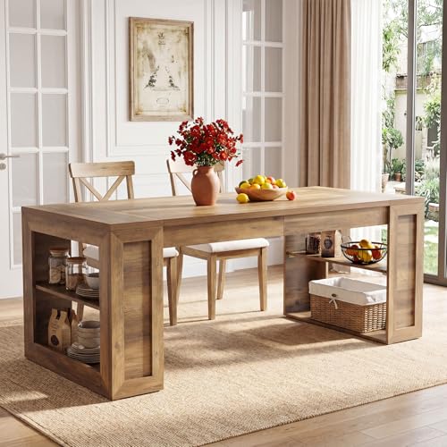 Tribesigns Farmhouse Dining Table with Storage Shelves, 70.8-Inch Large Rectangle Wooden Kitchen Dinner Table for 6 for Kitchen, Dining Room, Living Room