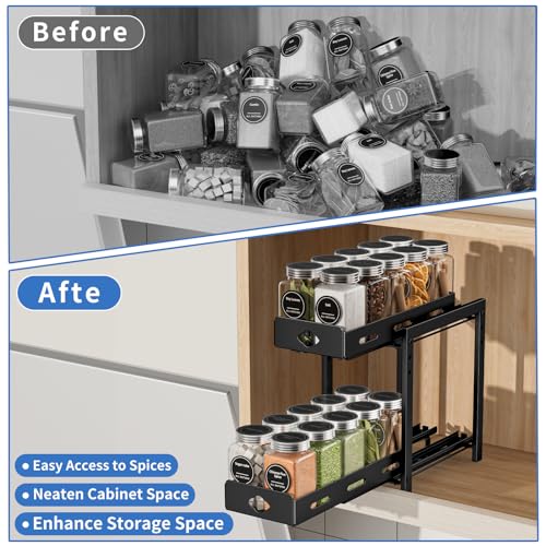 BOIVSHI Pull Out Spice Rack Organizer, 2-Tier Vertical Spice Rack, Height Adjustable for Kitchen Cabinet (5.3''Wx10.8''Dx9.2''H, Metal Black) - size: 5.3''Wx10.8''Dx9.2''H,2 Tier