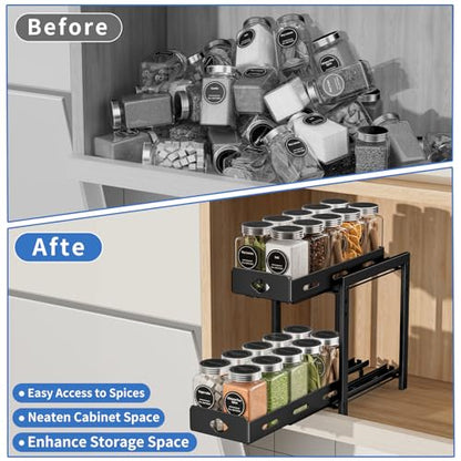 BOIVSHI Pull Out Spice Rack Organizer, 2-Tier Vertical Spice Rack, Height Adjustable for Kitchen Cabinet (5.3''Wx10.8''Dx9.2''H, Metal Black) - size: 5.3''Wx10.8''Dx9.2''H,2 Tier
