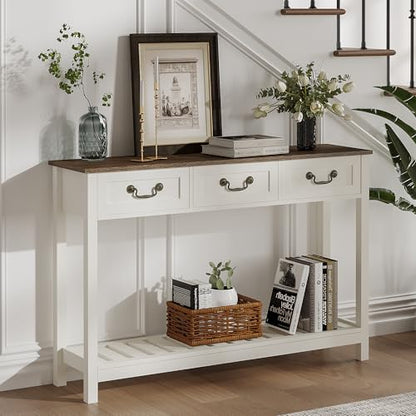 ChooChoo 47" Farmhouse Console Table with 3 Drawers, Rustic Entryway Table, Narrow Long Sofa Table for Living Room, Hallway, Behind Couch, Soft White and Brown - color: Soft White and Brown, size: 11.81"D x 47.24"W x 31.3"H