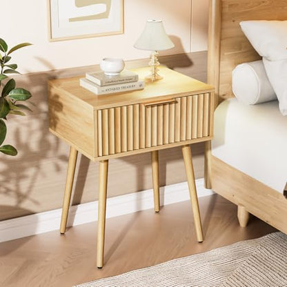 VINGLI Nightstands Set of 2, Fluted Night Stand with Drawer, Bedside Table, Wood Nightstand for Bedroom, Mid Century Modern End Tables, Natural Oak, 18.9" W*14.96" D*24" H - color: Oak, size: 19"W-1 Drawer