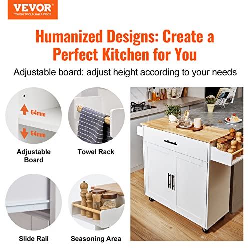 VEVOR Kitchen Island Cart with Solid Wood Top, 35.4" Width Mobile Carts with Storage Cabinet, Rolling Kitchen Table with Spice Rack, Towel Rack, Drop Leaf and Drawer, Portable Islands on Wheels, White - size: 35.4" W Drop Leaf, style: 1 Drawers & 2 Doors