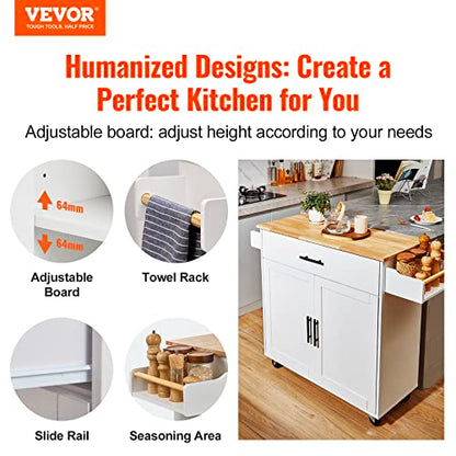 VEVOR Kitchen Island Cart with Solid Wood Top, 35.4" Width Mobile Carts with Storage Cabinet, Rolling Kitchen Table with Spice Rack, Towel Rack, Drop Leaf and Drawer, Portable Islands on Wheels, White - size: 35.4" W Drop Leaf, style: 1 Drawers & 2 Doors