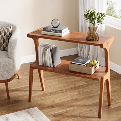 Tribesigns 2-Tier Solid Wood Side Table, Mid-Century Modern End Table with Storage Shelves, Tall Slim Side Table for Couch with Unique Legs, Long Bedside Table for Bedroom, Living Room, Cherry - color: Cherry