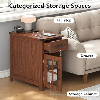 VVFLU Farmhouse End Table with Charging Station and 1 Storage Cabinet, 1 Drawer, Cherry Wood Nightstand Narrow, Skinny Side Table, Slim Bedside Table, Small Nightstand for Bedroom, Living Room, Sofa - color: Cherry/Glass