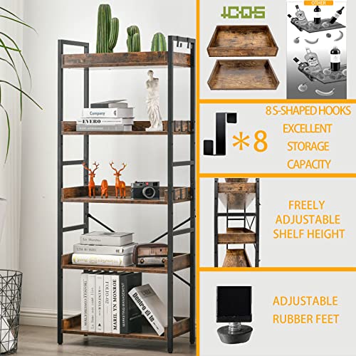HCHQHS Adjustable 5 Tier Open Bookcase, Rustic Farmhouse Book Shelves, Industrial Wood and Black Metal Bookshelves, Mid Century Bookcase for Home Office Living Room Bedroom - color: Rustic Brown, size: 5-Tier (24"W x 57"H)