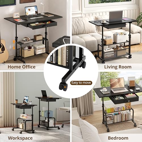 Adjustable Height Small Computer Desk with Drawers, Portable Rolling Desk for Seated Use, 32" Laptop Desk for Home Office Bedroom Living Room, Black