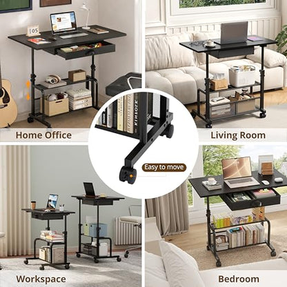 Adjustable Height Small Computer Desk with Drawers, Portable Rolling Desk for Seated Use, 32" Laptop Desk for Home Office Bedroom Living Room, Black