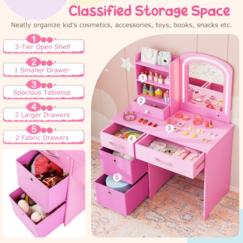 Costzon Kids Vanity with Lights, Princess Makeup Dressing Desk with Mirror and Stool, Storage Drawers, Shelves, Kids Vanity Table and Chair Set for Little Girls (Pink) - style: Pink