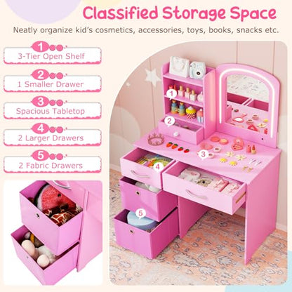 Costzon Kids Vanity with Lights, Princess Makeup Dressing Desk with Mirror and Stool, Storage Drawers, Shelves, Kids Vanity Table and Chair Set for Little Girls (Pink) - style: Pink