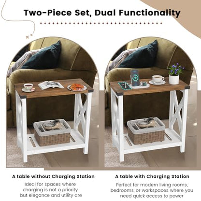 Hadulcet Farmhouse End Tables Living Room Set of 2, Narrow Side Table with Charging Station, Slim Nightstand for Small Space, Skinny Bedside Table, Sofa Side Table with Storage Shelf, White & Brown - color: White & Warm Brown