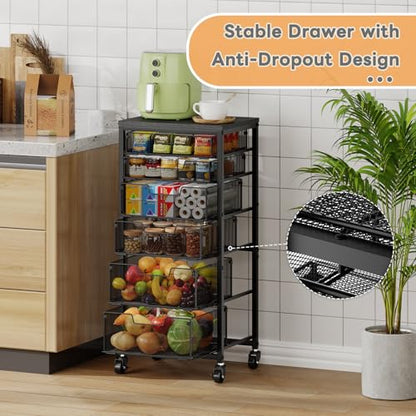 6-Tier Kitchen Storage Cart -Fruit Vegetable Storage Cart with Drawers, Wooden Top Metal Wire Kitchen Organizer and Storage Cart with Wheels to Storage Onions Potatoes Cans Snacks for Kitchen - size: 6-Tier Black