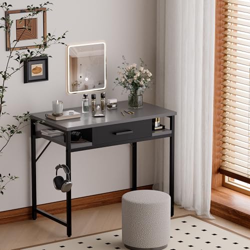 Pamray 32 Inch Small Computer Desk with Drawers for Bedroom Small Spaces | Compact, Sturdy, Easy Assembly, Mini, Suitable for Dorm and Apartment, Study and Writing - color: Grey